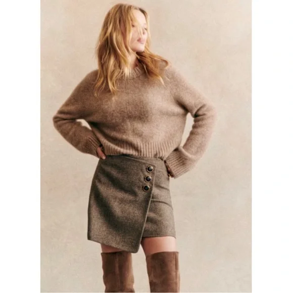SEZANE Taupe Brown Wool Faux Wrap Mini Skirt Neutral Button Peter Skirt Sz 4 - Picture 12 of 12